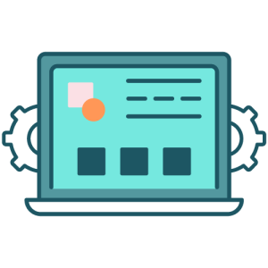 Paid media planning, negotiation and placement icon - a laptop with ads on a page and gears behind the laptop