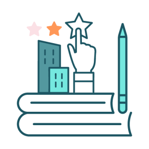 Brand platform development icon - buildings, books stacked, a star button being pressed and a pencil