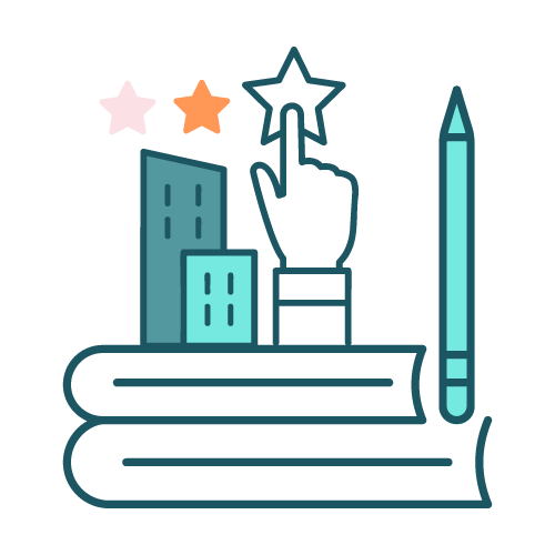 Brand platform development icon - buildings, books stacked, a star button being pressed and a pencil