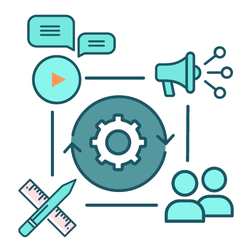 Sales and promotional collateral development icon - a pencil and ruler, people, chat bubbles and megaphone all around a rotating gear