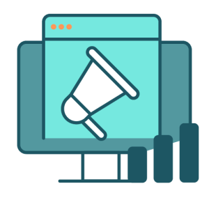 Enhanced PR media strategy & execution icon - a computer with a marketing icon within it, a graph to the side