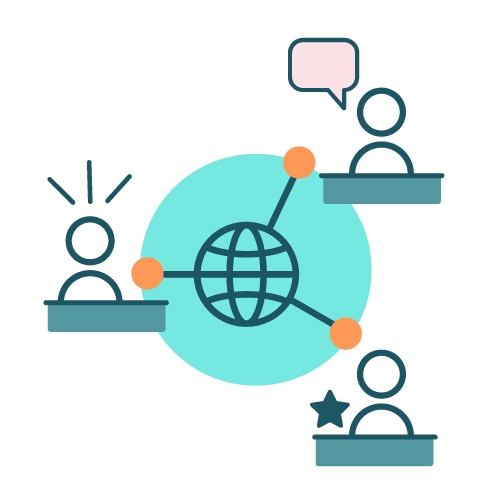 Strategic partnership development icon - people being connected and communicating with a network icon in the middle